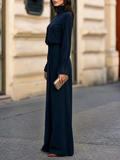Laetitia | Ensemble Élégant Bleu Marine, Haut Col Roulé à Manches Évasées et Pantalon Large