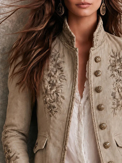 Marine | Veste rétro beige à col montant, motifs floraux brodés et bordures tressées