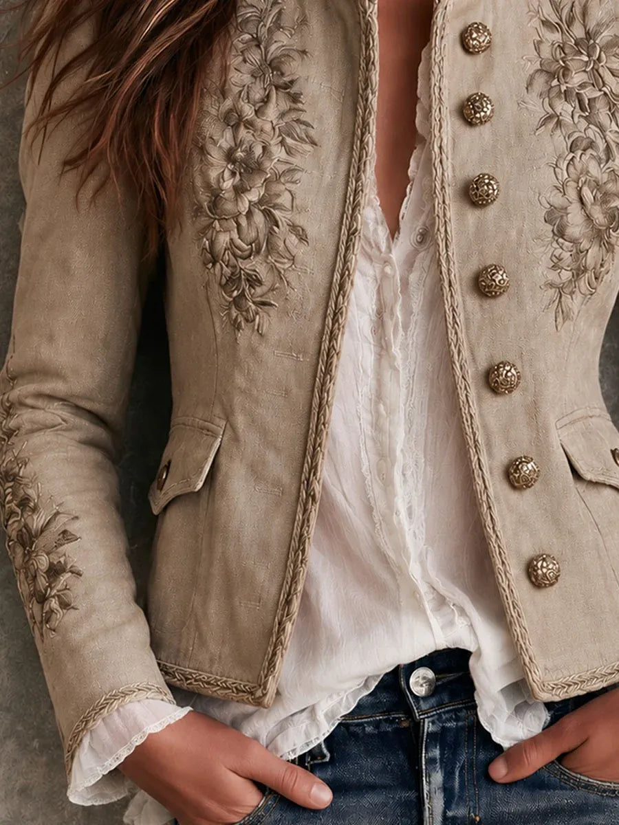 Marine | Veste rétro beige à col montant, motifs floraux brodés et bordures tressées