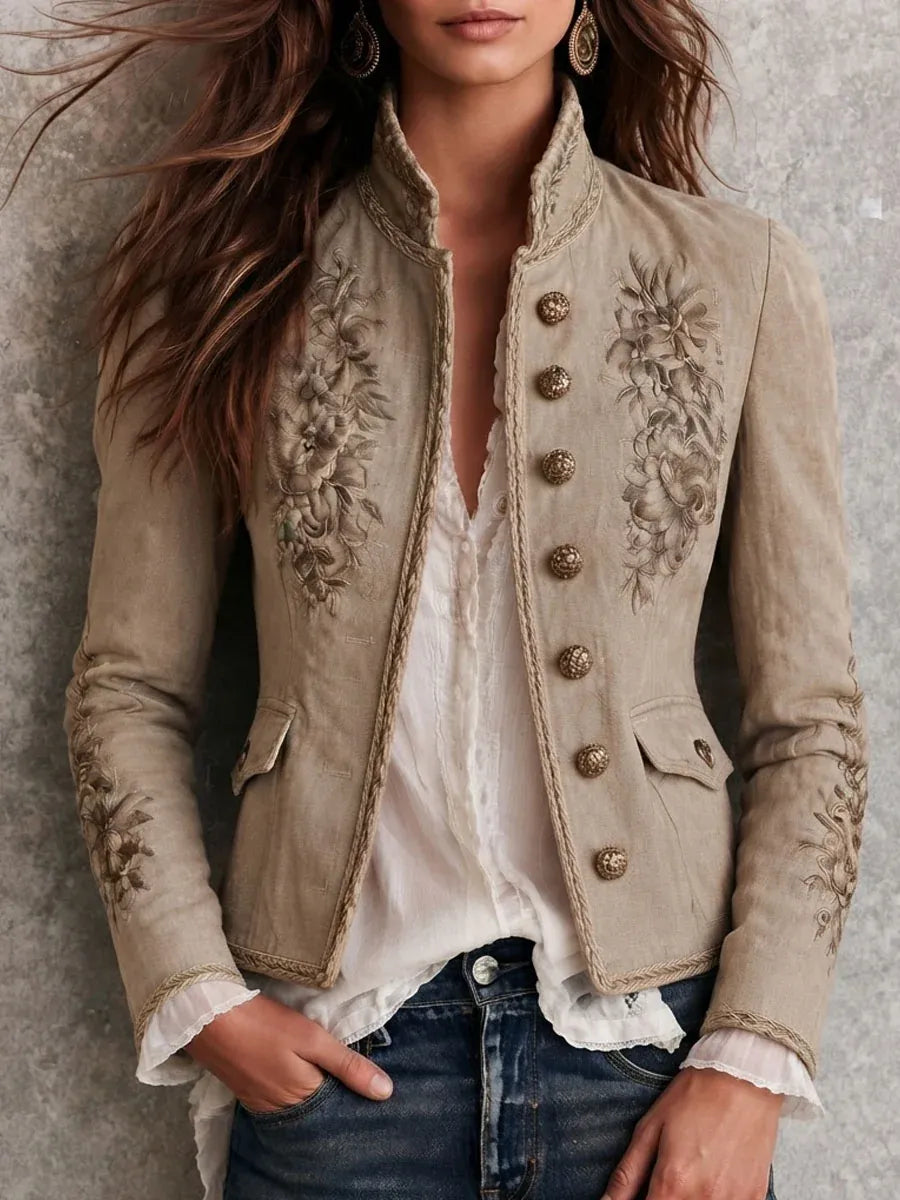 Marine | Veste rétro beige à col montant, motifs floraux brodés et bordures tressées