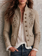 Marine | Veste rétro beige à col montant, motifs floraux brodés et bordures tressées
