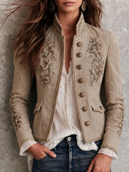 Marine | Veste rétro beige à col montant, motifs floraux brodés et bordures tressées