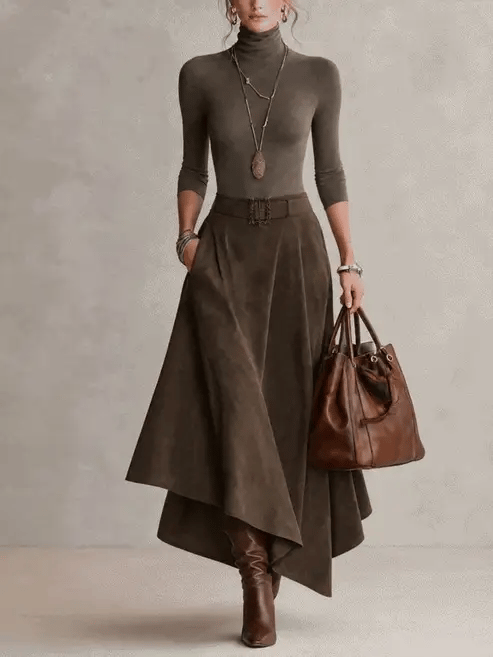 Anne | Ensemble composé d'un pull à col roulé extensible taupe et d'une jupe asymétrique en daim