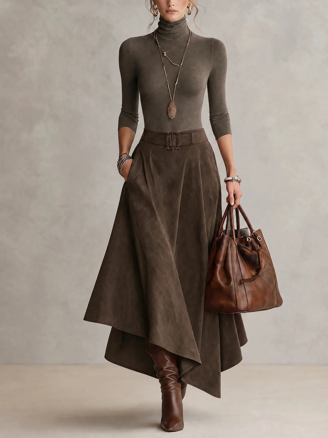 Anne | Ensemble composé d'un pull à col roulé extensible taupe et d'une jupe asymétrique en daim