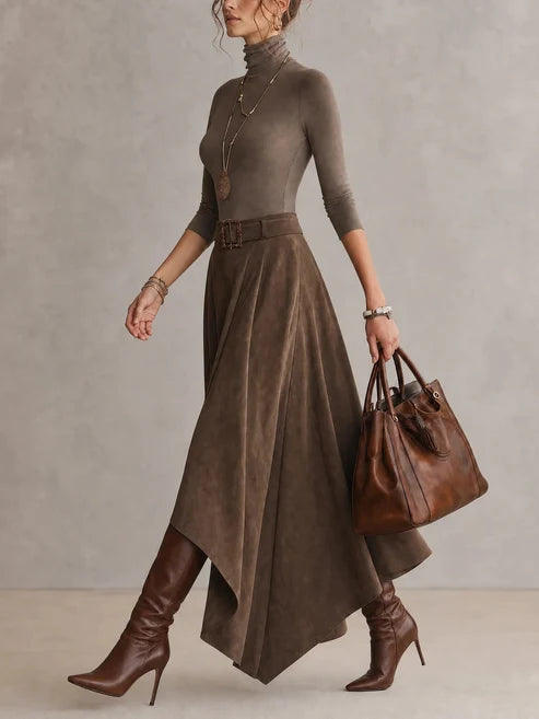 Anne | Ensemble composé d'un pull à col roulé extensible taupe et d'une jupe asymétrique en daim