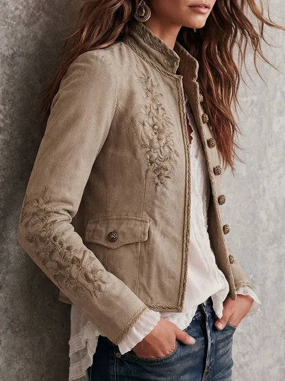 Marine | Veste rétro beige à col montant, motifs floraux brodés et bordures tressées