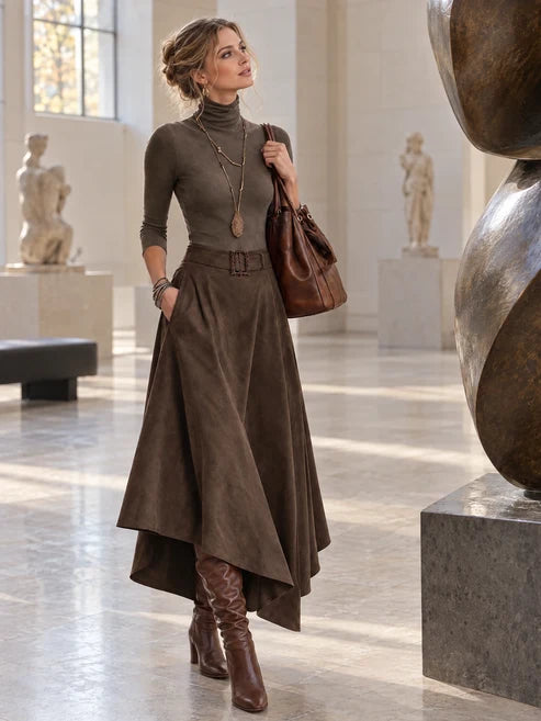 Anne | Ensemble composé d'un pull à col roulé extensible taupe et d'une jupe asymétrique en daim
