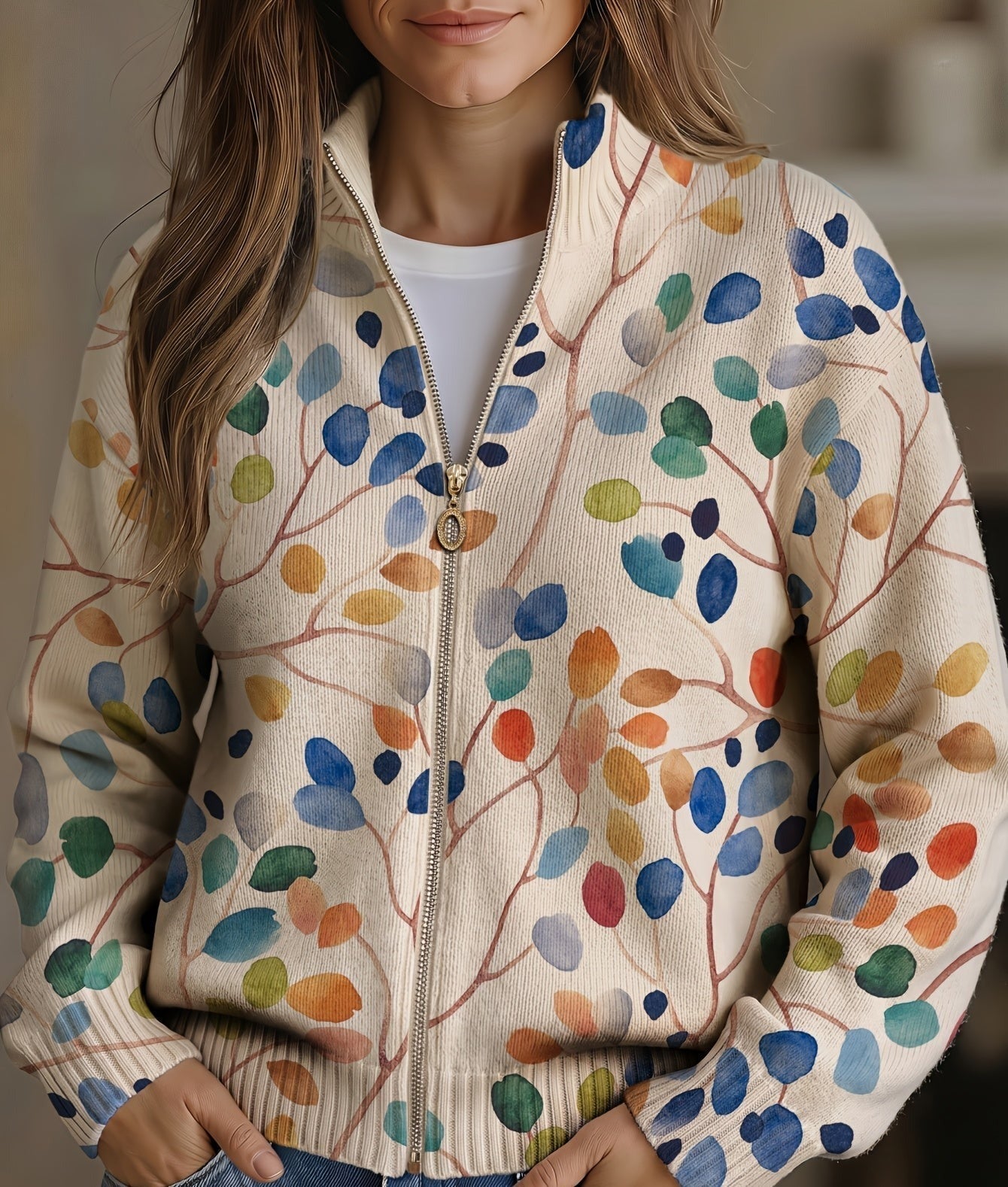 Delphine | Cardigan Zippé Imprimé Feuilles Botaniques