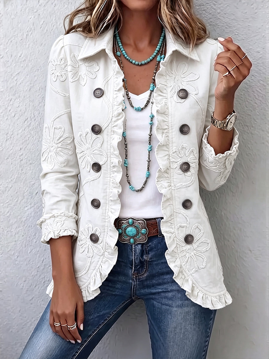 Veste femme brodée à volants et boutons décoratifs