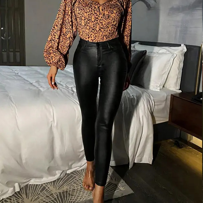 Pantalon skinny femme taille haute effet cuir