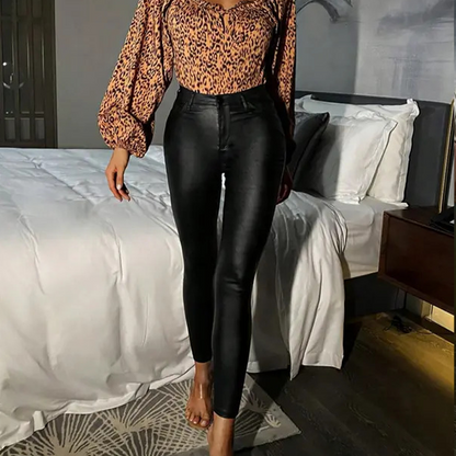 Pantalon skinny femme taille haute effet cuir