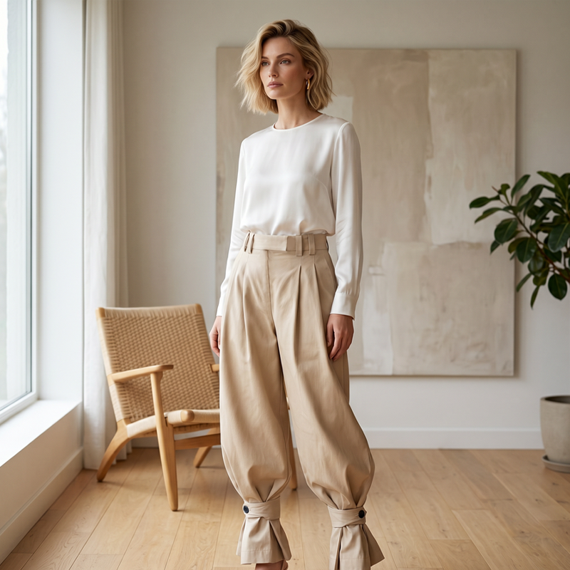 Pantalon femme plissé avec chevilles volantées élégantes