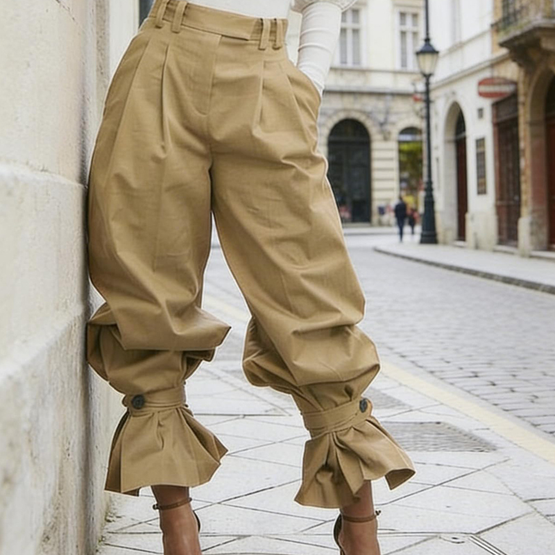 Pantalon femme plissé avec chevilles volantées élégantes