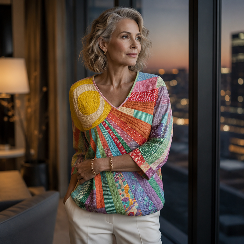Blouse femme patchwork à col V rétro chic