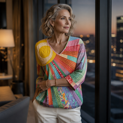 Blouse femme patchwork à col V rétro chic