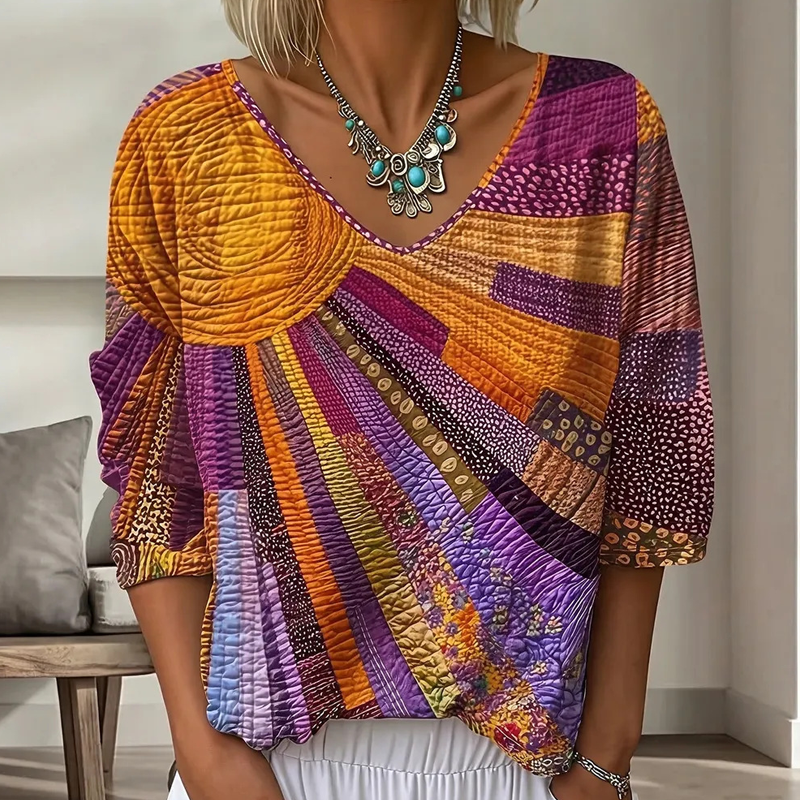 Blouse femme patchwork à col V rétro chic