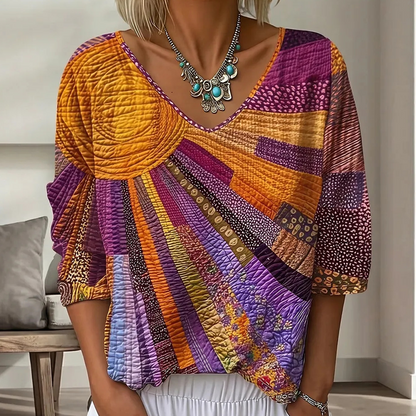 Blouse femme patchwork à col V rétro chic