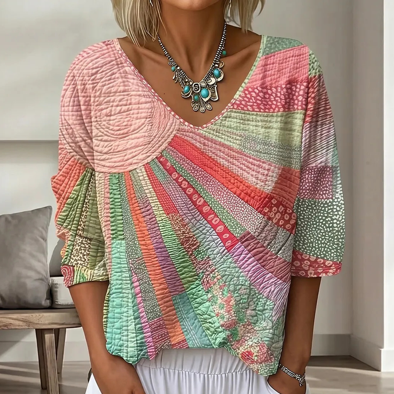 Blouse femme patchwork à col V rétro chic