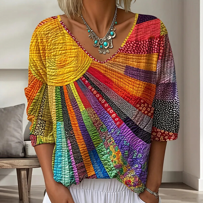 Blouse femme patchwork à col V rétro chic