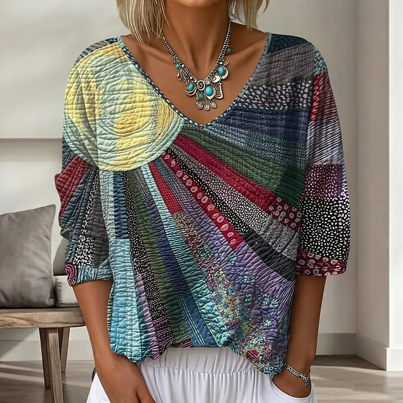 Blouse femme patchwork à col V rétro chic