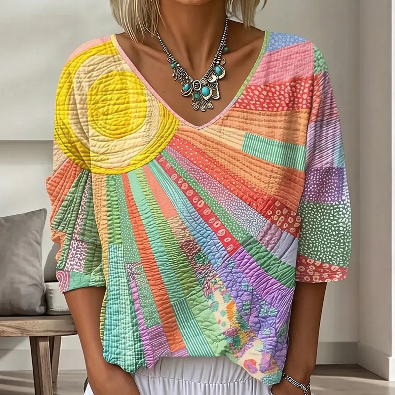 Blouse femme patchwork à col V rétro chic
