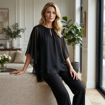 Ensemble femme élégant avec tunique asymétrique et pantalon large