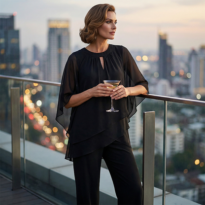 Ensemble femme élégant avec tunique asymétrique et pantalon large