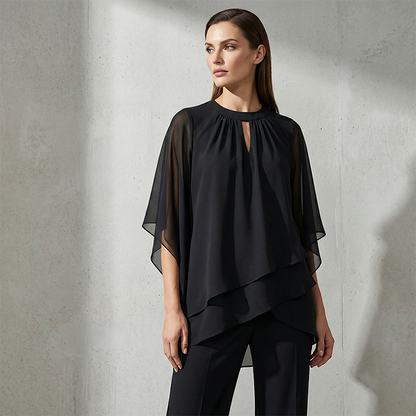 Ensemble femme élégant avec tunique asymétrique et pantalon large