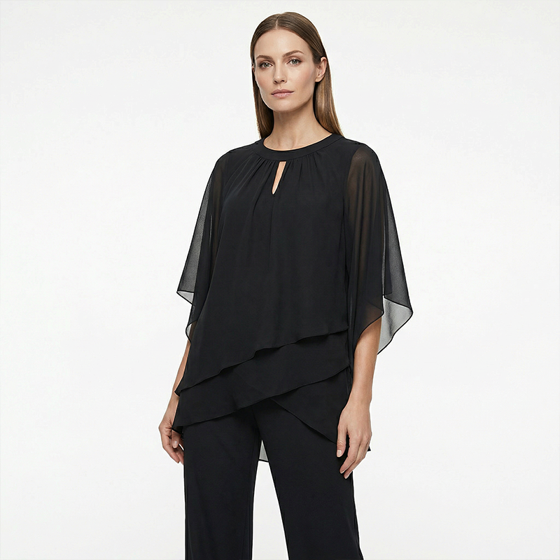 Ensemble femme élégant avec tunique asymétrique et pantalon large