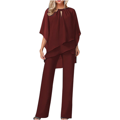 Ensemble femme élégant avec tunique asymétrique et pantalon large