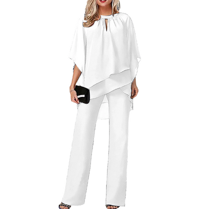 Ensemble femme élégant avec tunique asymétrique et pantalon large