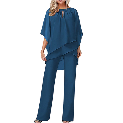 Ensemble femme élégant avec tunique asymétrique et pantalon large