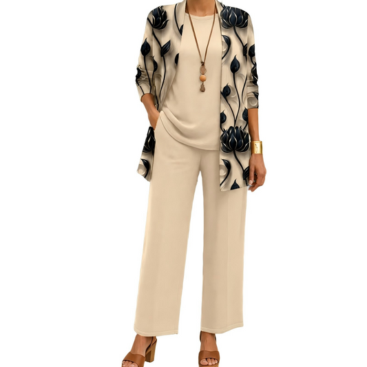 Ensemble trois pièces femme avec cardigan imprimé