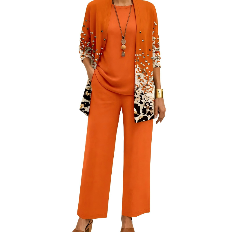 Ensemble trois pièces femme avec cardigan imprimé