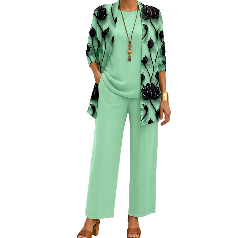 Ensemble trois pièces femme avec cardigan imprimé