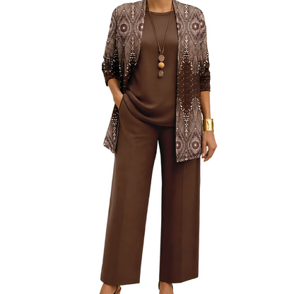 Ensemble trois pièces femme avec cardigan imprimé