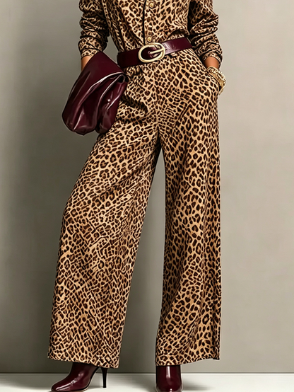 Zélie | Combinaison Pantalon Large Imprimé Léopard Boutonnée à Manches Longues