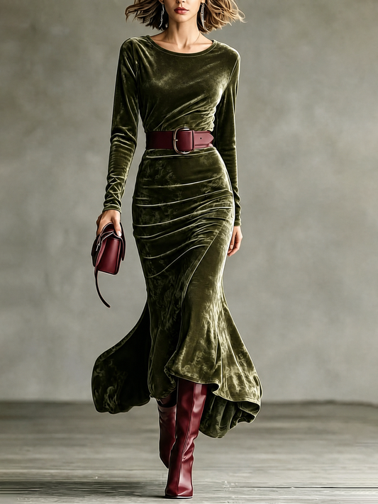 Chantal | Robe Longue Sirène en Velours à Manches Longues