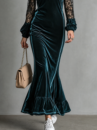 Charlotte | Robe Longue Sirène en Velours à Demi-Zip, Manches Longues en Dentelle