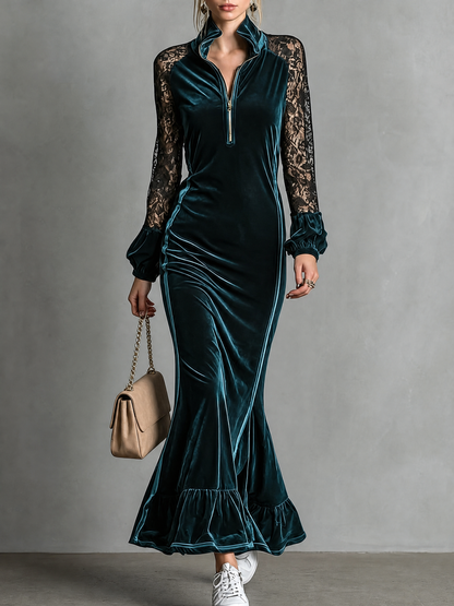 Charlotte | Robe Longue Sirène en Velours à Demi-Zip, Manches Longues en Dentelle