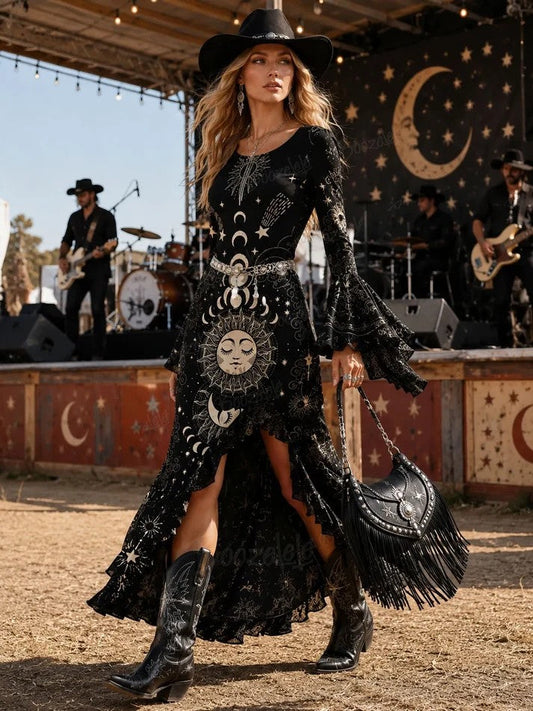 Virginie | Robe Longue Noire à Manches Longues et Imprimé Céleste Soleil, Lune et Étoiles