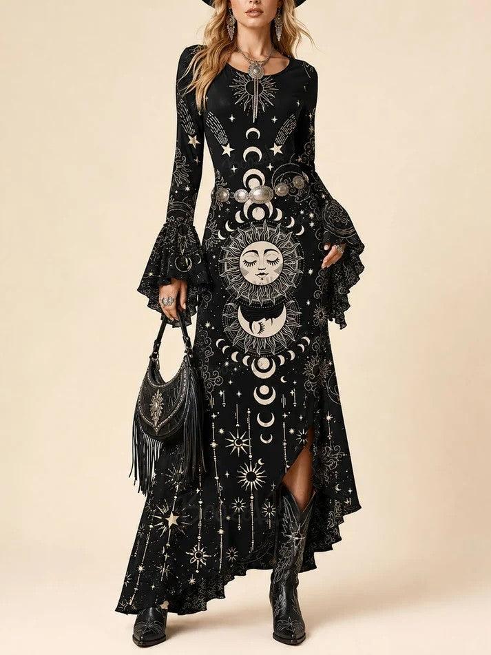 Virginie | Robe Longue Noire à Manches Longues et Imprimé Céleste Soleil, Lune et Étoiles
