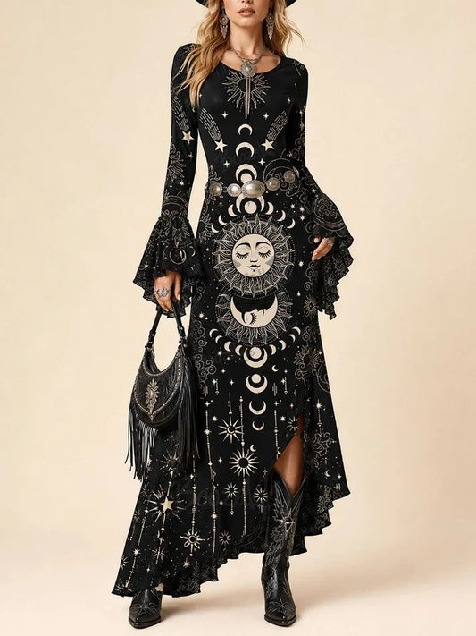 Virginie | Robe Longue Noire à Manches Longues et Imprimé Céleste Soleil, Lune et Étoiles